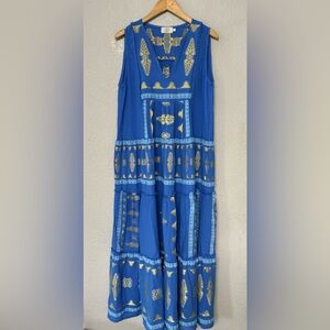 DS Athens Blue Gold Sleeveless Embroidered Maxi Dresss Size S/M‎
